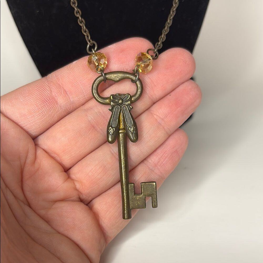 Vintage Inspired Brass Key Pendant with Ballet Slippers Necklace 22”